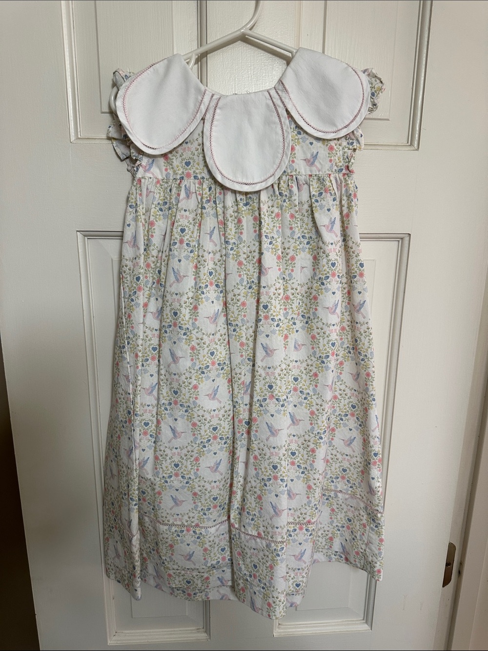 White Floral Bird-Print Girls Dress with Scalloped Collar